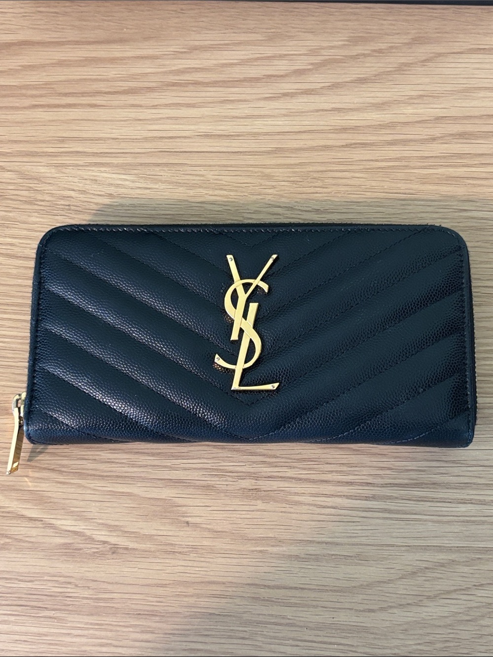YSL Saint Laurent Black Chevron Quilted Zip-Around Wallet with Gold YSL Emblem